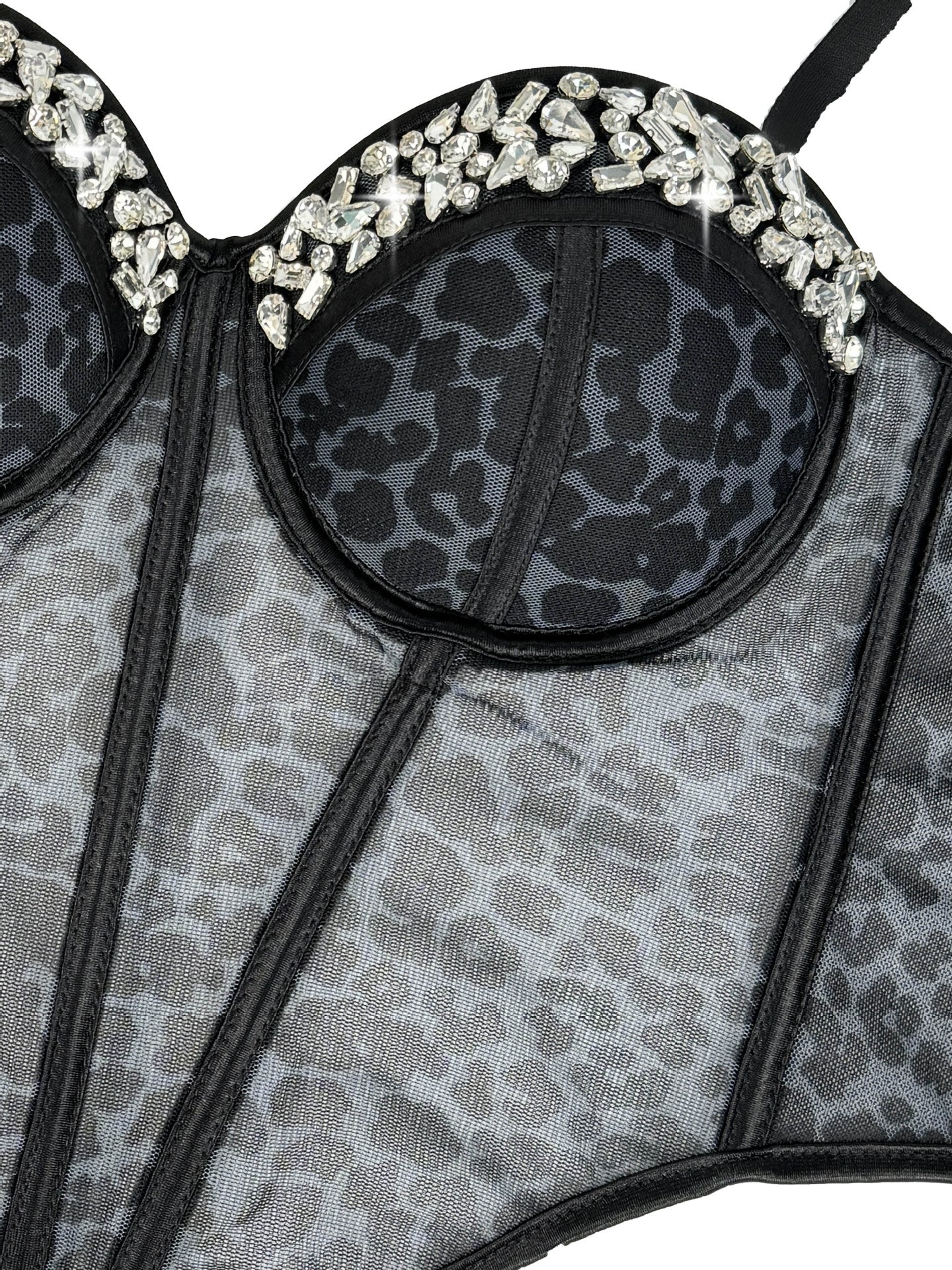Leopard Print Mesh Corset Bustier with Rhinestone Trim