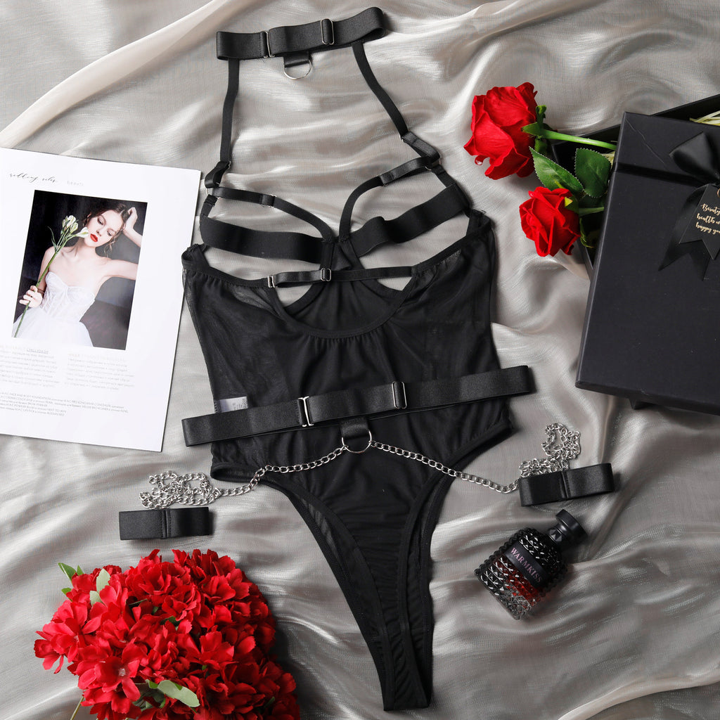Halter  Mesh Chain Handcuff Bare Back Teddy Bodysuit