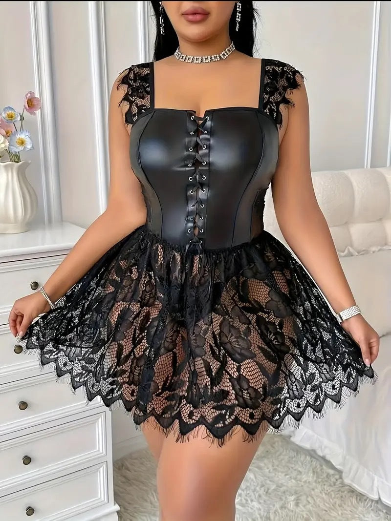 Faux Leather Sheer Lace Lingerie Dress with Flared Skirt