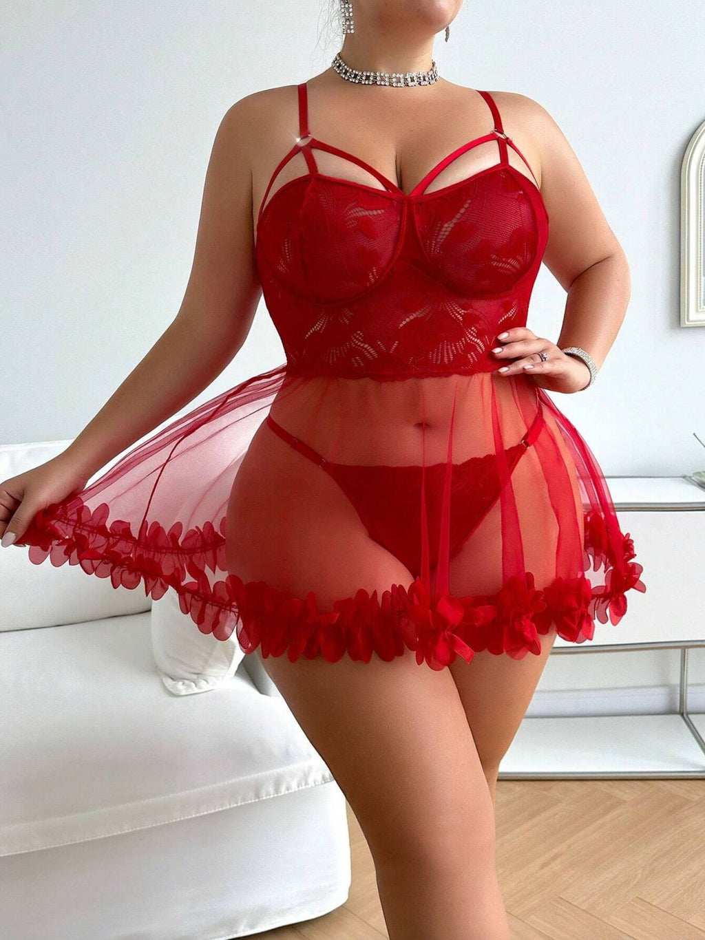 Floral Lace Sheer Babydoll Lingerie Set with Ruffle Hem