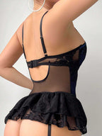 Sheer Mesh Lace Lingerie Babydoll with Underwire & Garter Straps