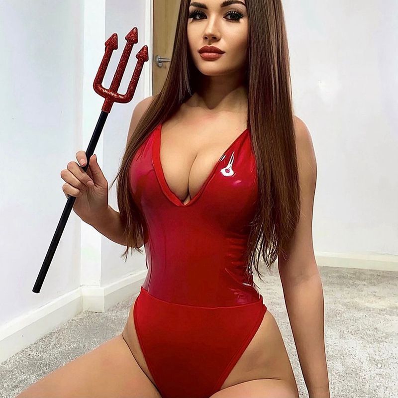 Leather Deep V Halter Teddy Lingerie Bodysuit