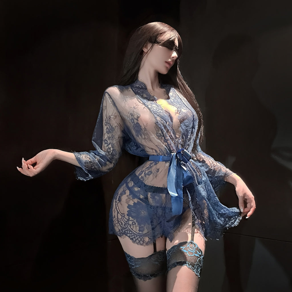Sexy Slim-Fit Open-Bust Lace Mesh Long Sleeve Sleepwear Robe Set with Waist Belt
