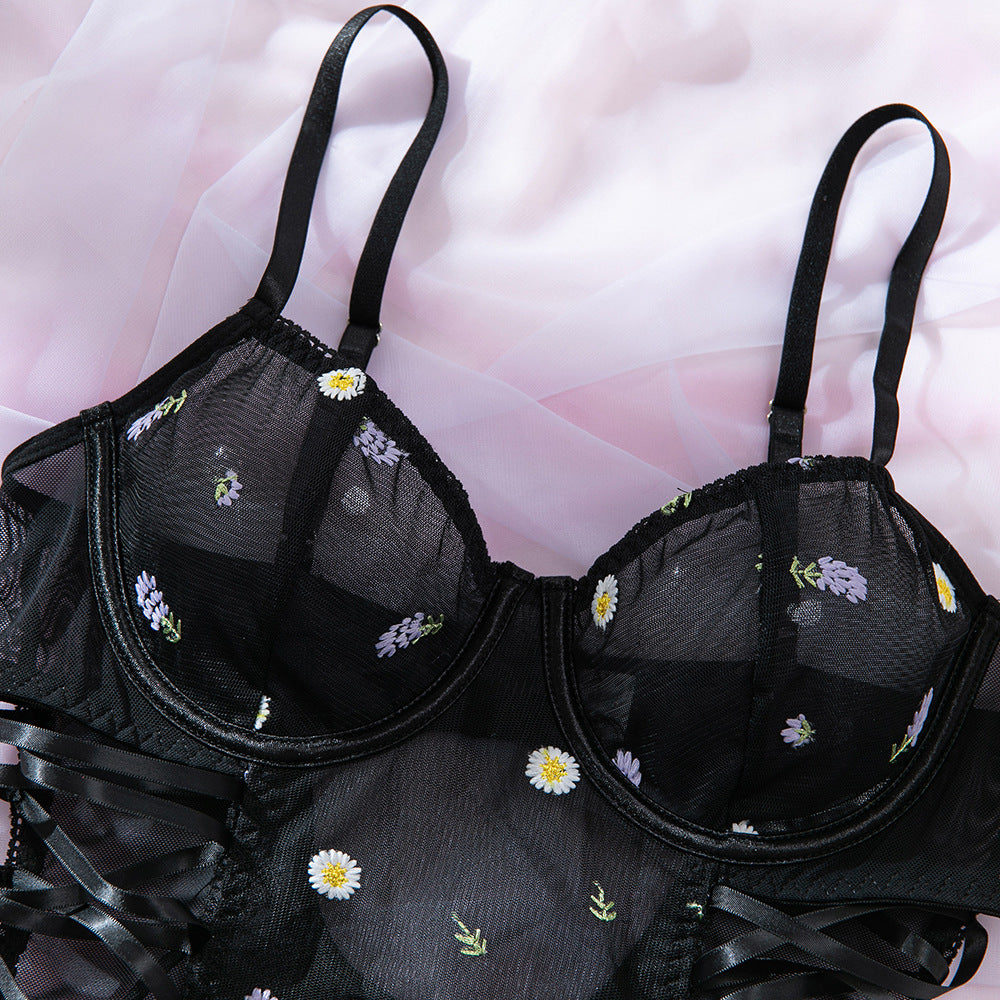 Daisy Embroidered Sheer Mesh Teddy Lingerie