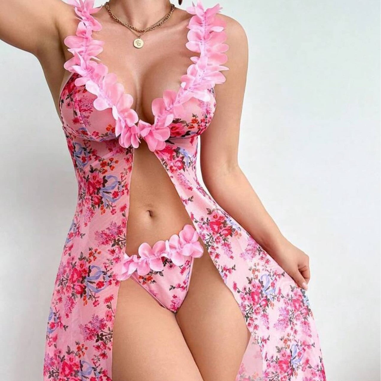 Women's Sexy Printed Spaghetti Strap Long Nightgown with Side Slit