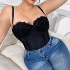 Plus Size Floral Lace Corset Bodysuit with Sheer Mesh Back