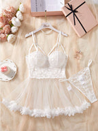 Floral Lace Sheer Babydoll Lingerie Set with Ruffle Hem
