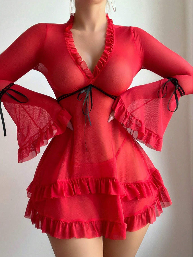 Long Sleeve Sheer Mesh Babydoll with Rhinestone Detail & Bow Ties