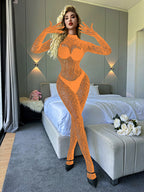 Sexy Long Sleeve One-Piece Fishnet Lingerie Bodysuit with Closed Crotch