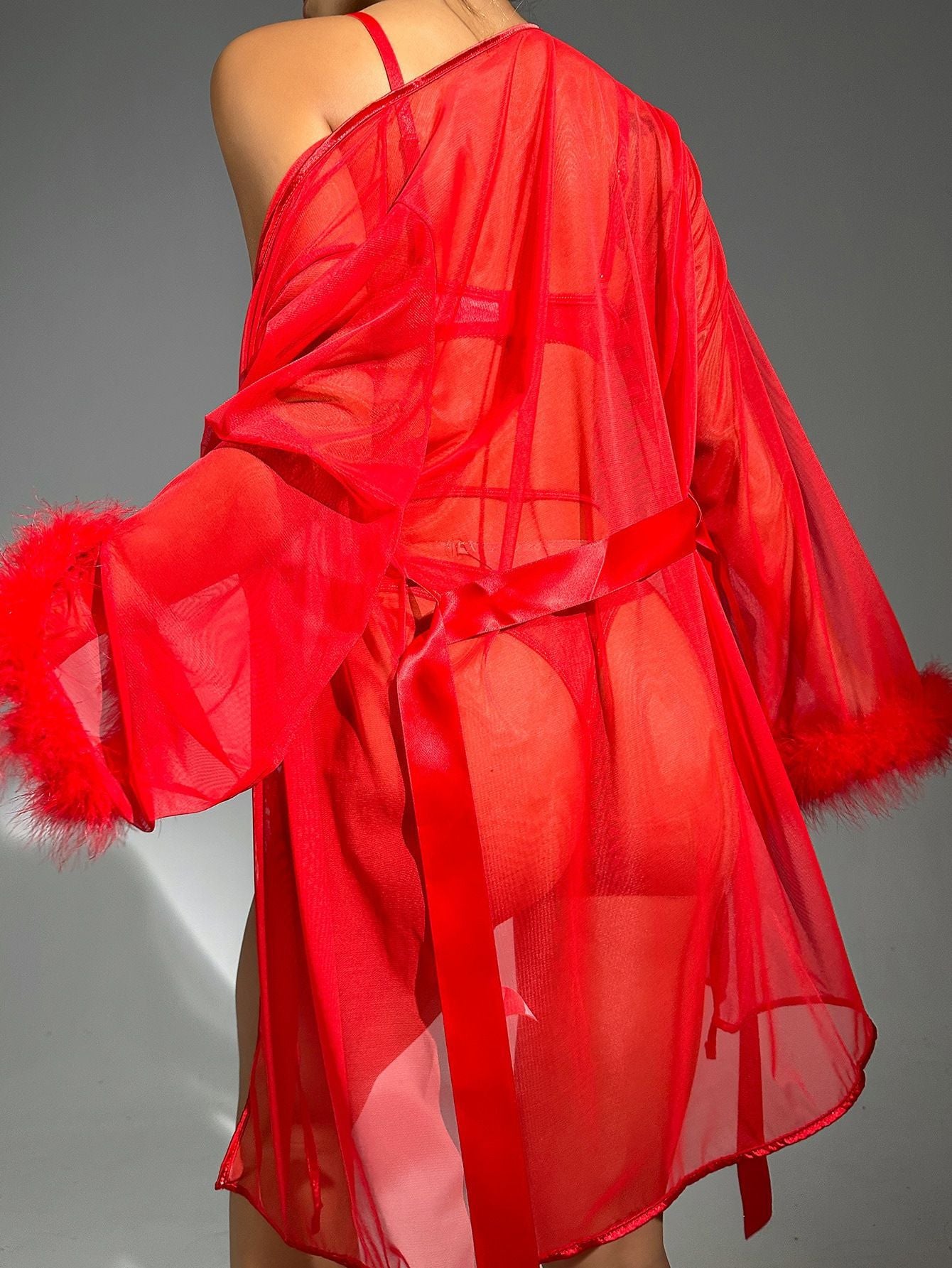 Heart Lace Lingerie Set with Feather Trim Robe