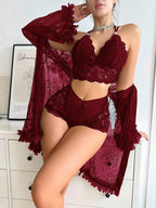 Floral Lace Sheer Robe & Lingerie Set with Satin Trim