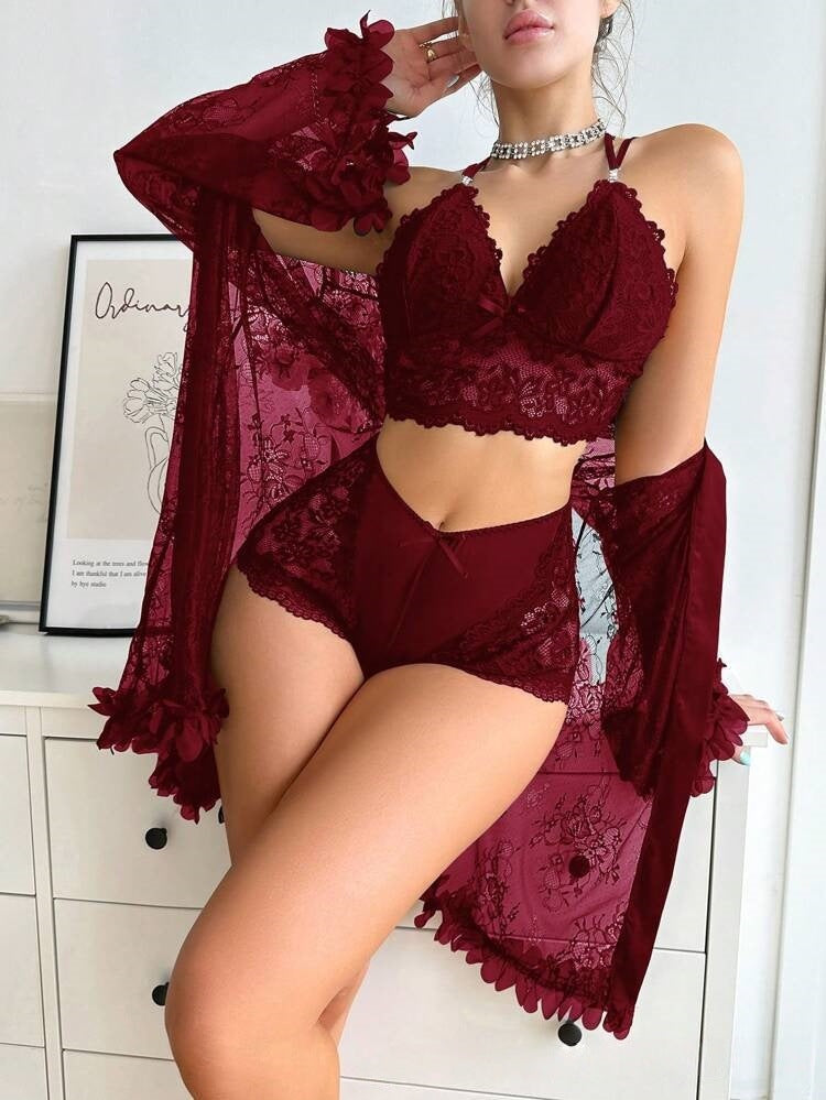 Floral Lace Sheer Robe & Lingerie Set with Satin Trim