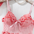 Heart‑Motif Lace‑Panel Sheer Mesh Babydoll