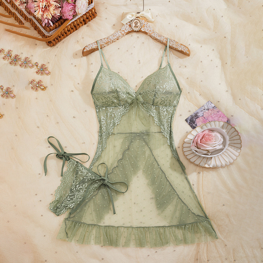 Floral Lace Polka‑Dot Mesh Ruffled Chemise