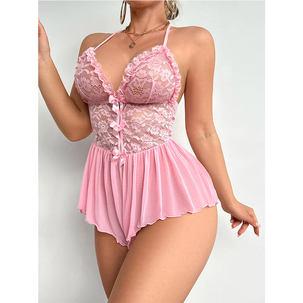 Elegant Ruffled Lace Babydoll with Bow Details