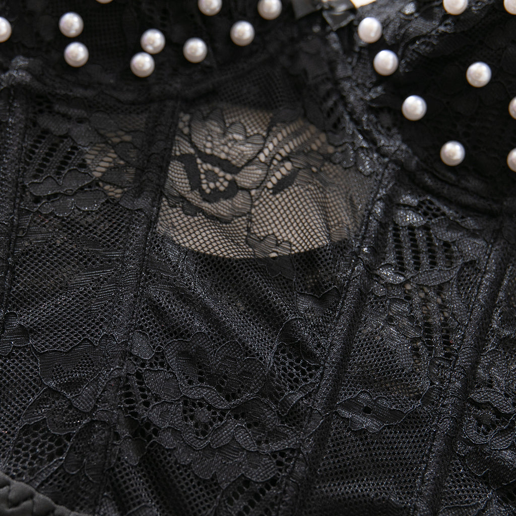 Pearl‑Embellished Floral Lace Open‑Back Teddy Bodysuit