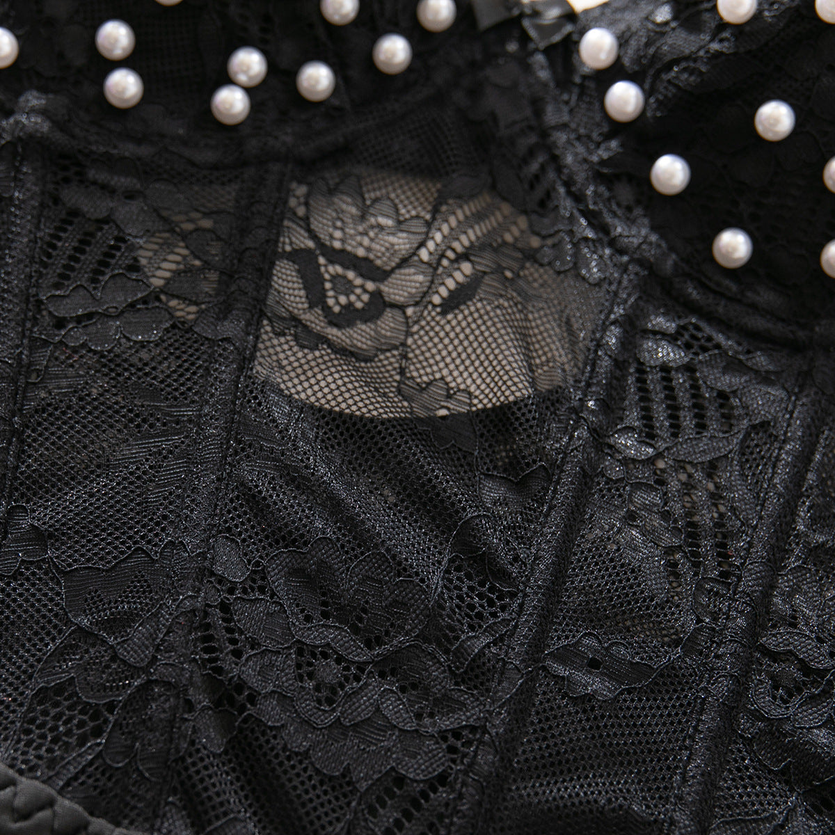 Pearl‑Embellished Floral Lace Open‑Back Teddy Bodysuit