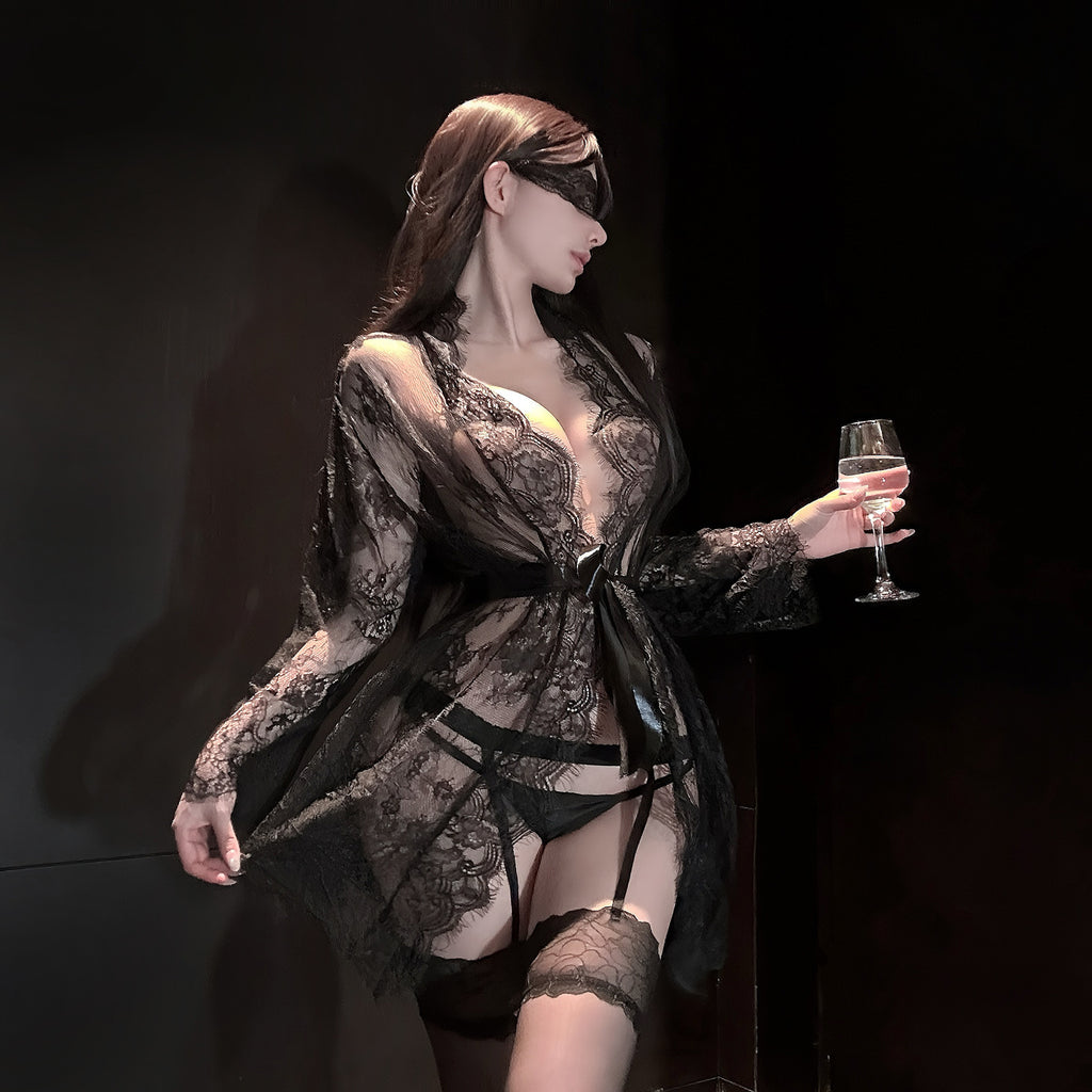 Sexy Slim-Fit Open-Bust Lace Mesh Long Sleeve Sleepwear Robe Set with Waist Belt