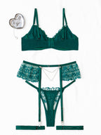 Embroidered Lace Push-Up Bra And Pearl Chain Garter Lingerie Set