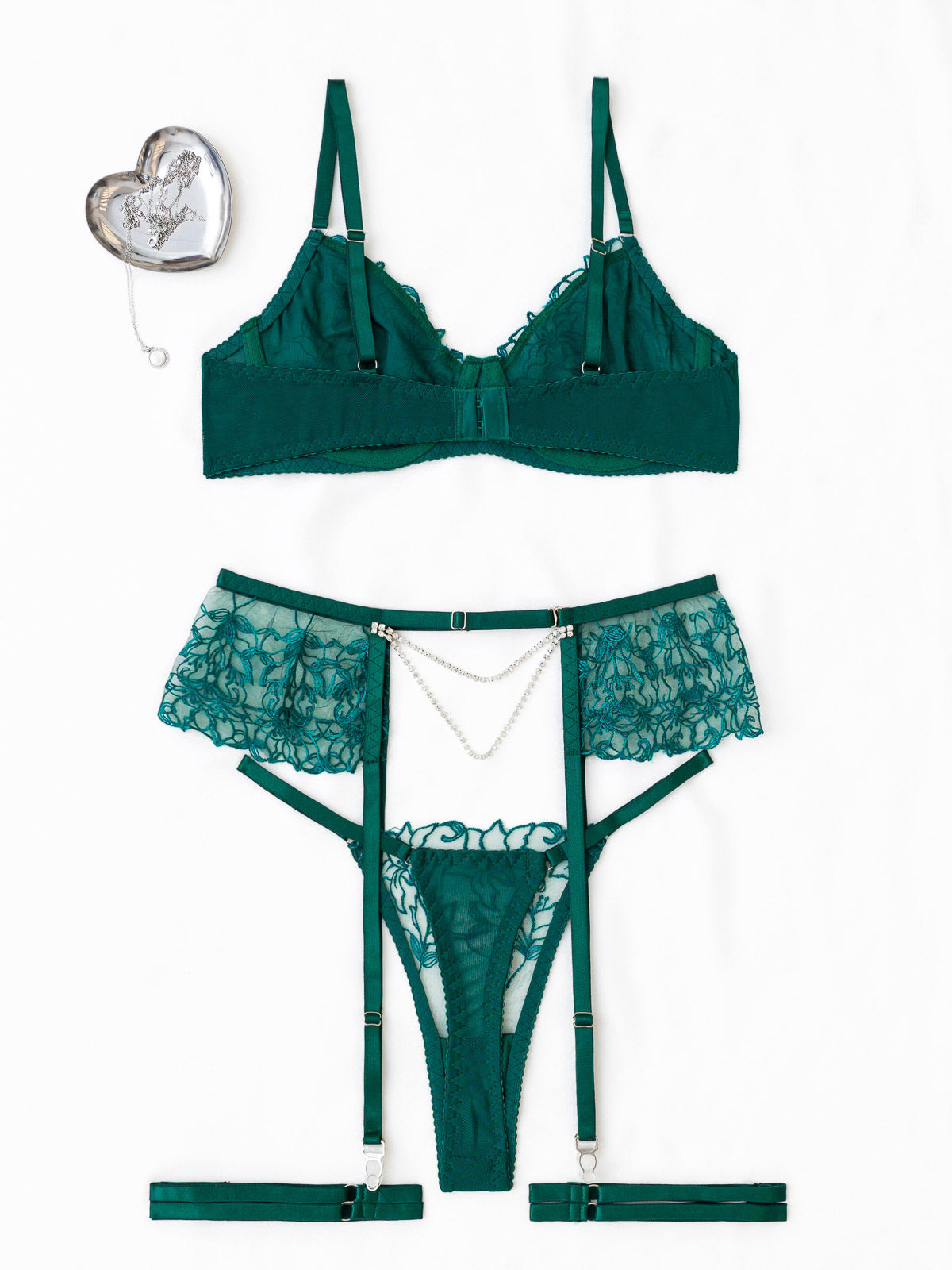 Embroidered Lace Push-Up Bra And Pearl Chain Garter Lingerie Set