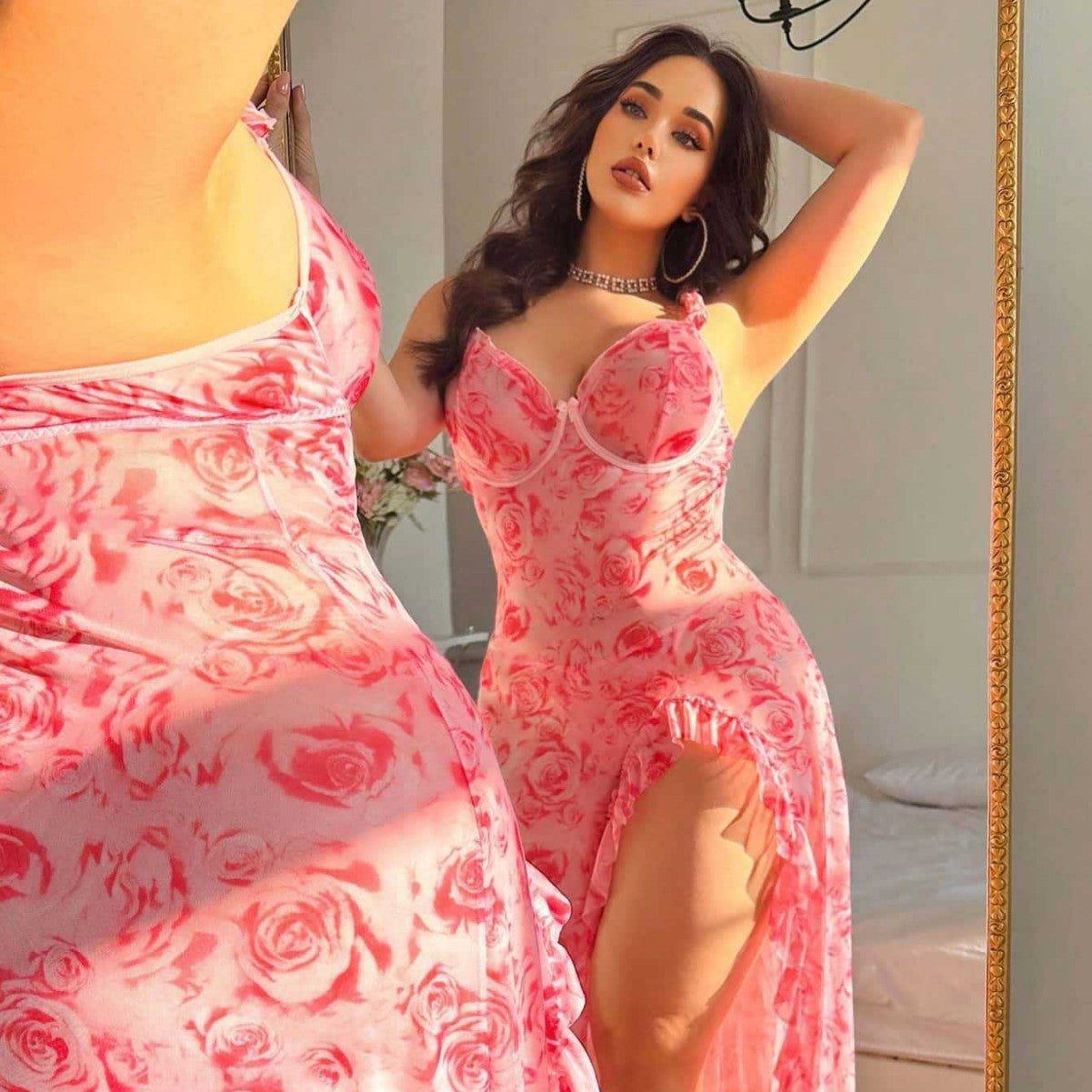 Floral Print Underwire Maxi Lingerie Dress with Ruffle Slit