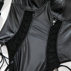 Patent Faux‑Leather Lace‑Up Mesh‑Sleeve Teddy Bodysuit