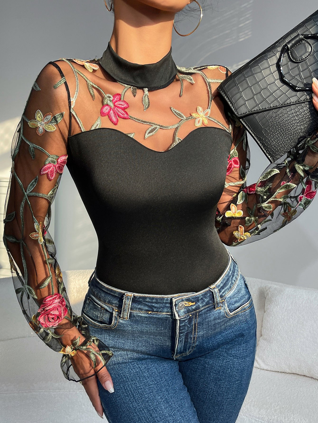 Floral Embroidered Sheer Mesh Bodysuit with Mock Neck