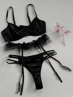 Satin Push-Up Bra And Tulle Garter Lingerie Set with Bow Detail