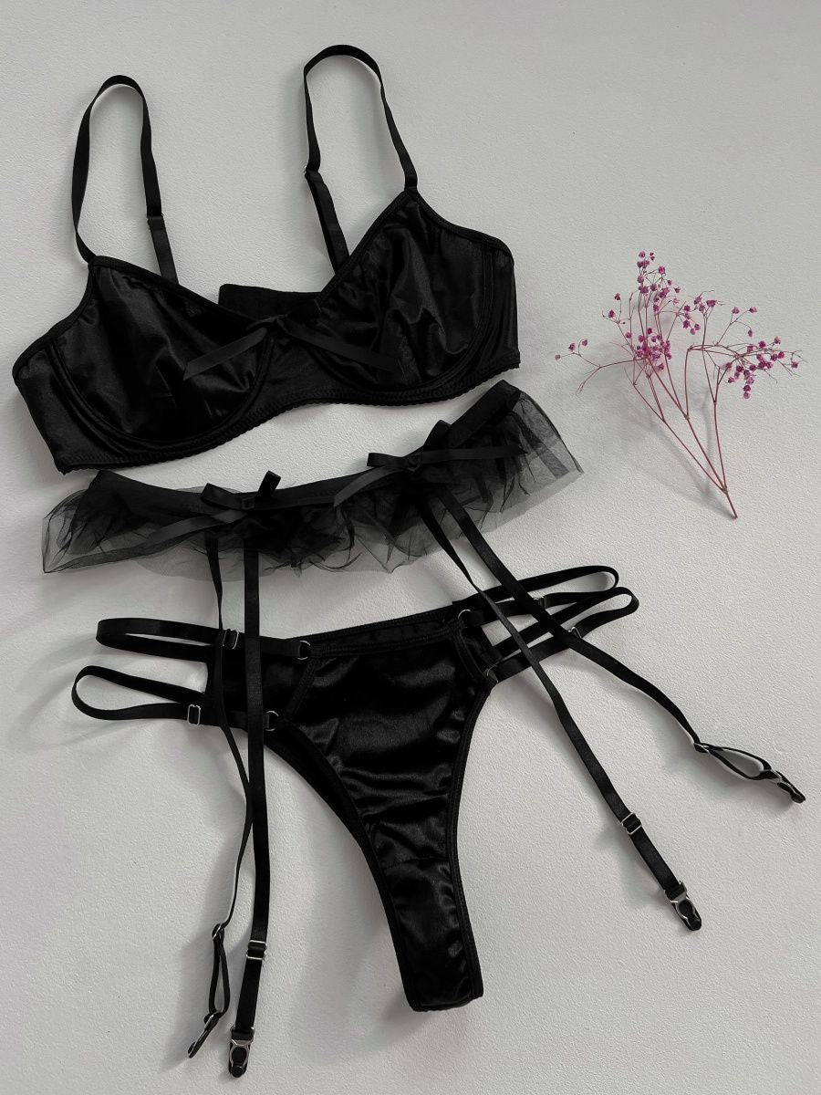 Satin Push-Up Bra And Tulle Garter Lingerie Set with Bow Detail