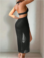 Halter O‑Ring Cut‑Out High‑Slit Mesh Maxi Lingerie Dress