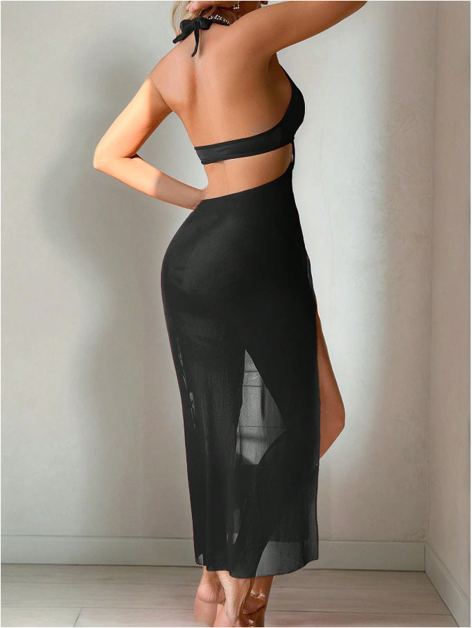 Halter O‑Ring Cut‑Out High‑Slit Mesh Maxi Lingerie Dress