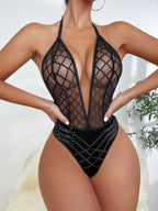 Grid Mesh Halter Bodysuit with Corset Waist Detail