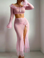 Off-Shoulder Sheer Mesh Lingerie Set with Ruffle Trim And Bow Detail