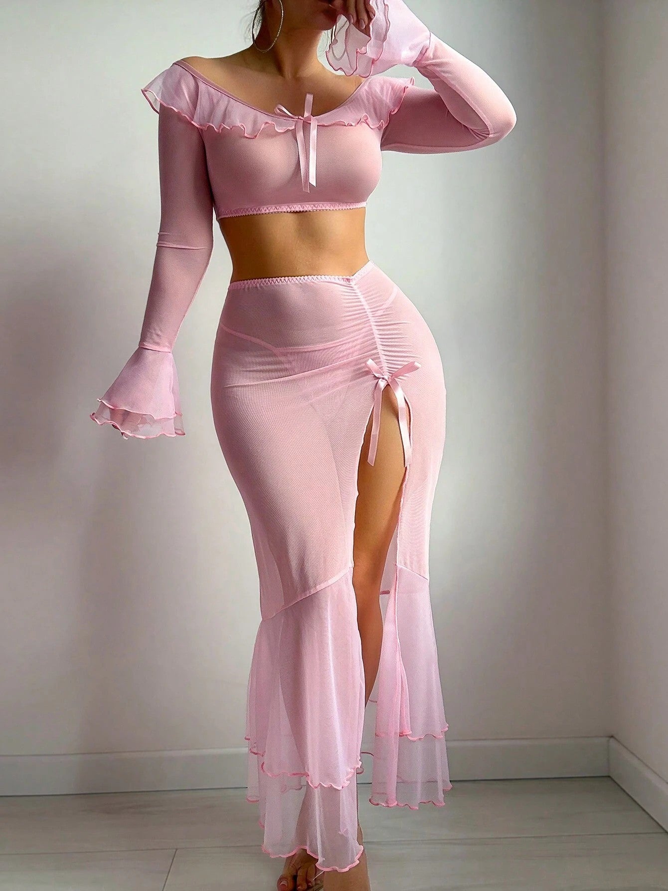 Off-Shoulder Sheer Mesh Lingerie Set with Ruffle Trim And Bow Detail