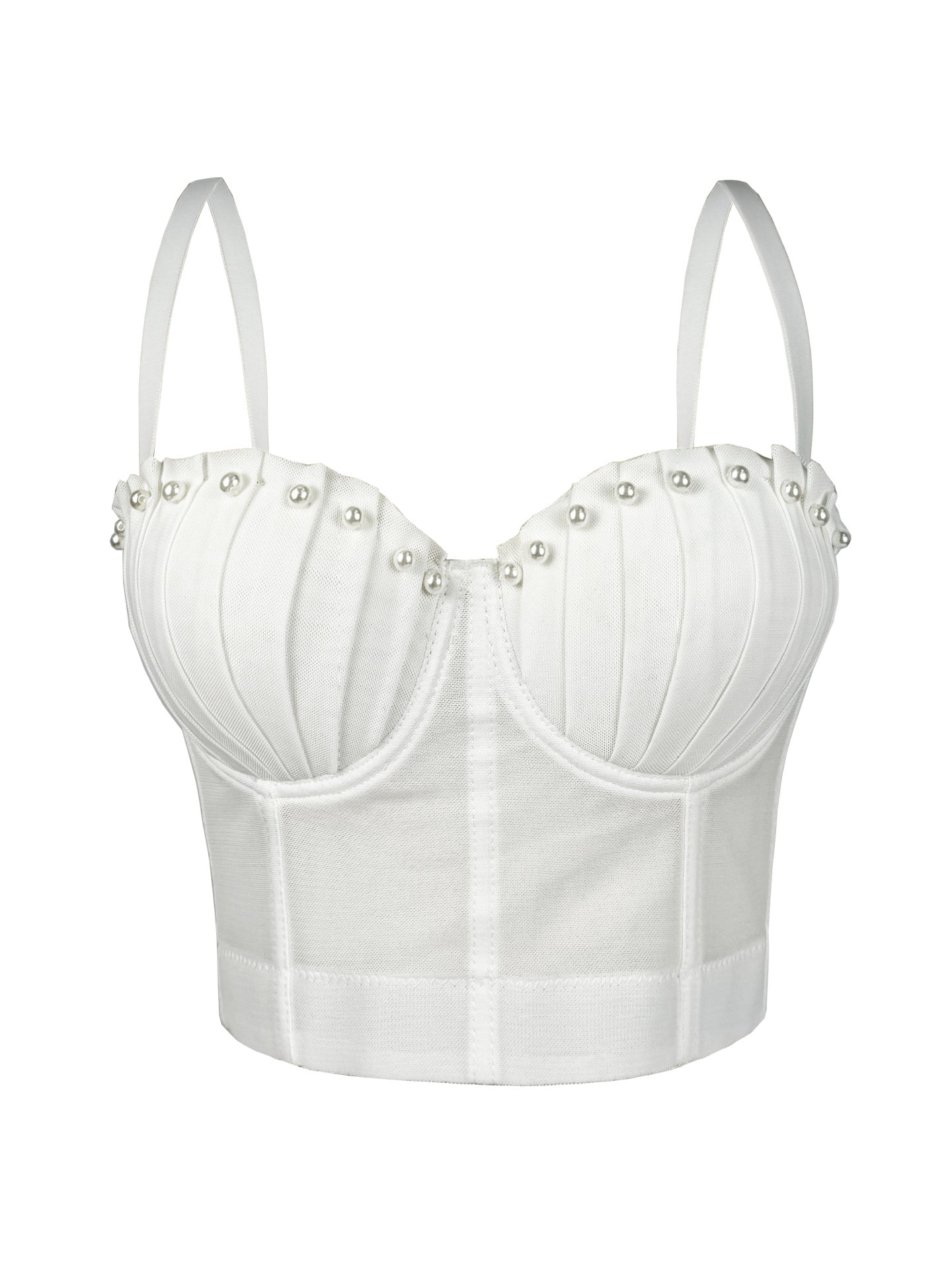Pearl-Embellished Mesh Structured Corset Bustier