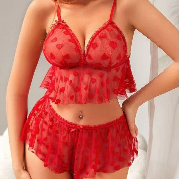 Sheer Mesh Ruffled 2‑Piece Lingerie Short Set
