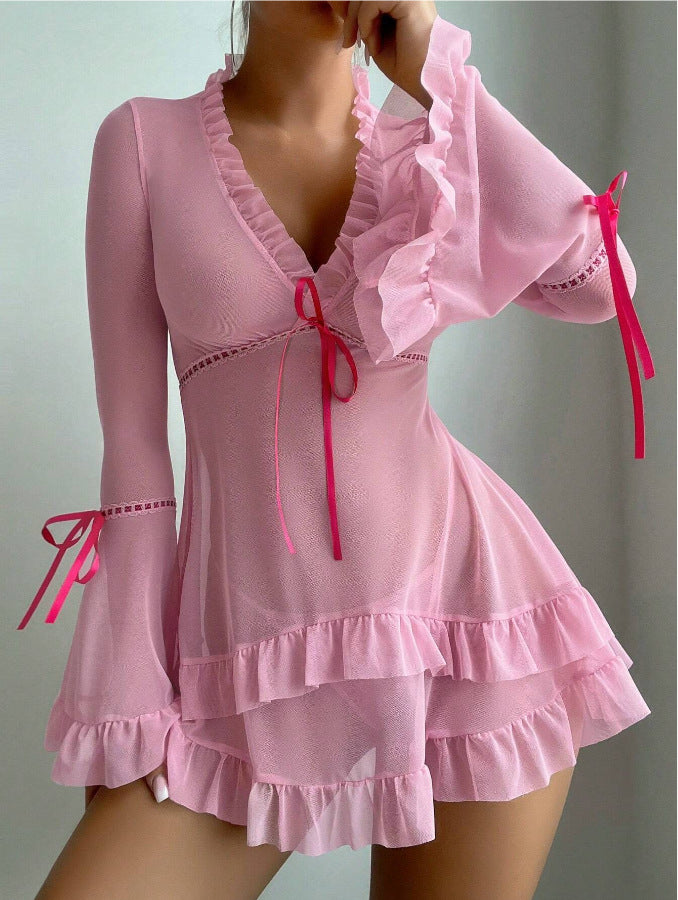 Long Sleeve Sheer Mesh Babydoll with Rhinestone Detail & Bow Ties