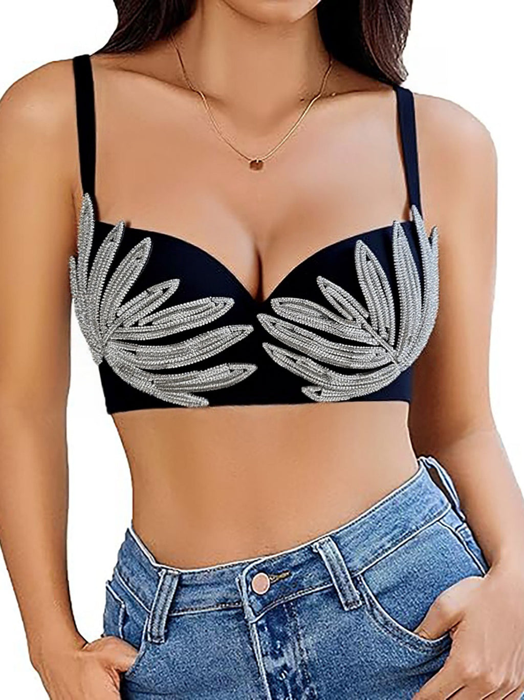 Leaf-Shaped Rhinestone Embellished Push-Up Bra