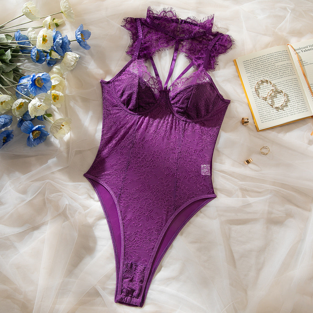Fringe Lace Halter Cutout Waist Cinching High Cut Sheer Mesh Teddy Bodysuit