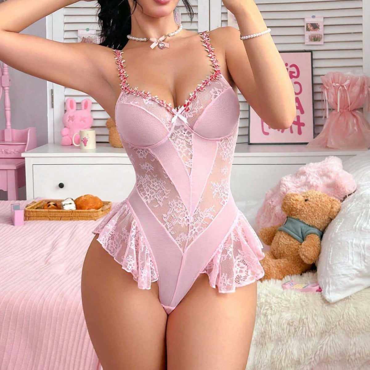 Sheer Mesh Lace Lingerie Bodysuit with Underwire And Ruffle Hem