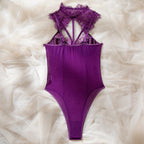 Fringe Lace Halter Cutout Waist Cinching High Cut Sheer Mesh Teddy Bodysuit