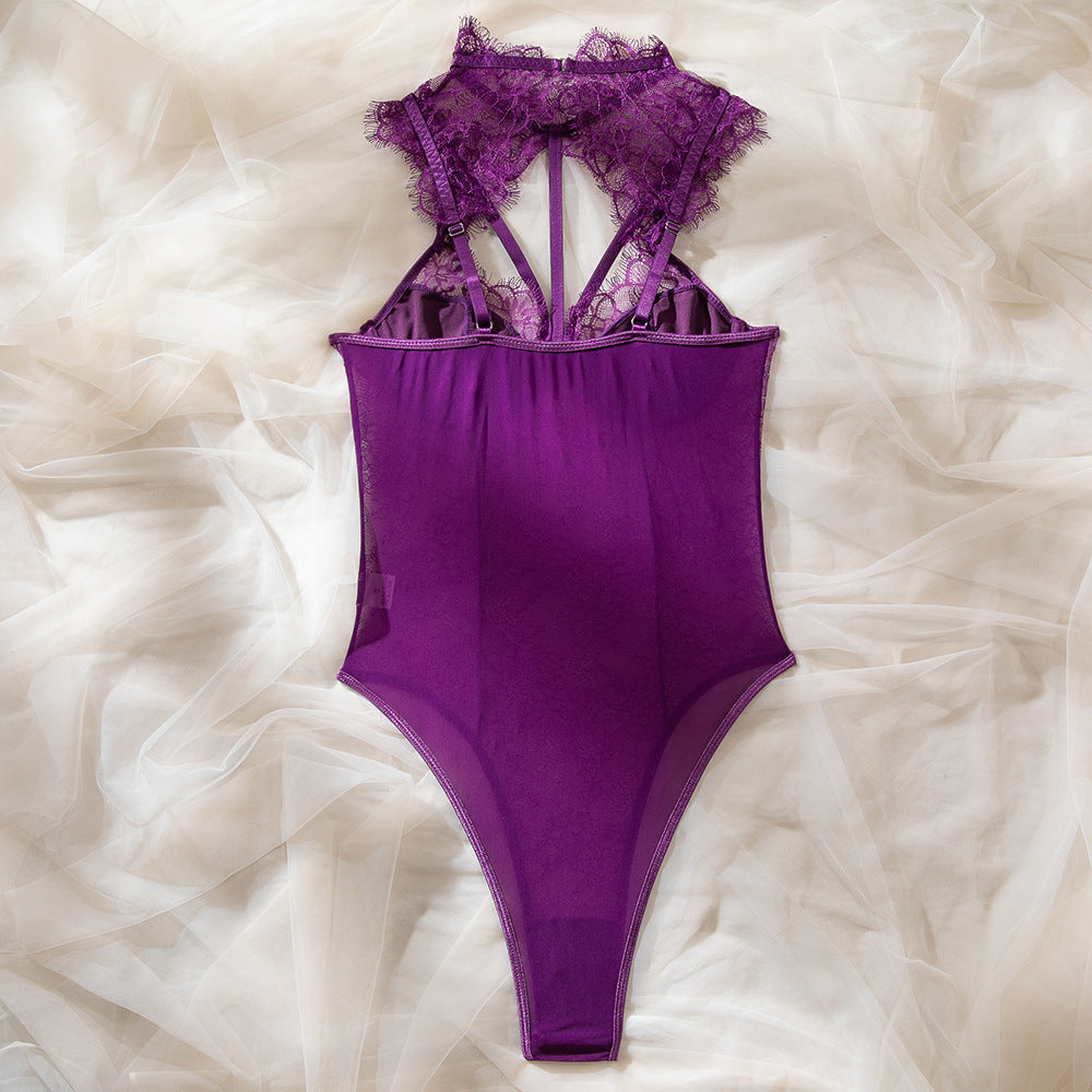 Fringe Lace Halter Cutout Waist Cinching High Cut Sheer Mesh Teddy Bodysuit