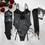 Patent Faux‑Leather Lace‑Up Mesh‑Sleeve Teddy Bodysuit