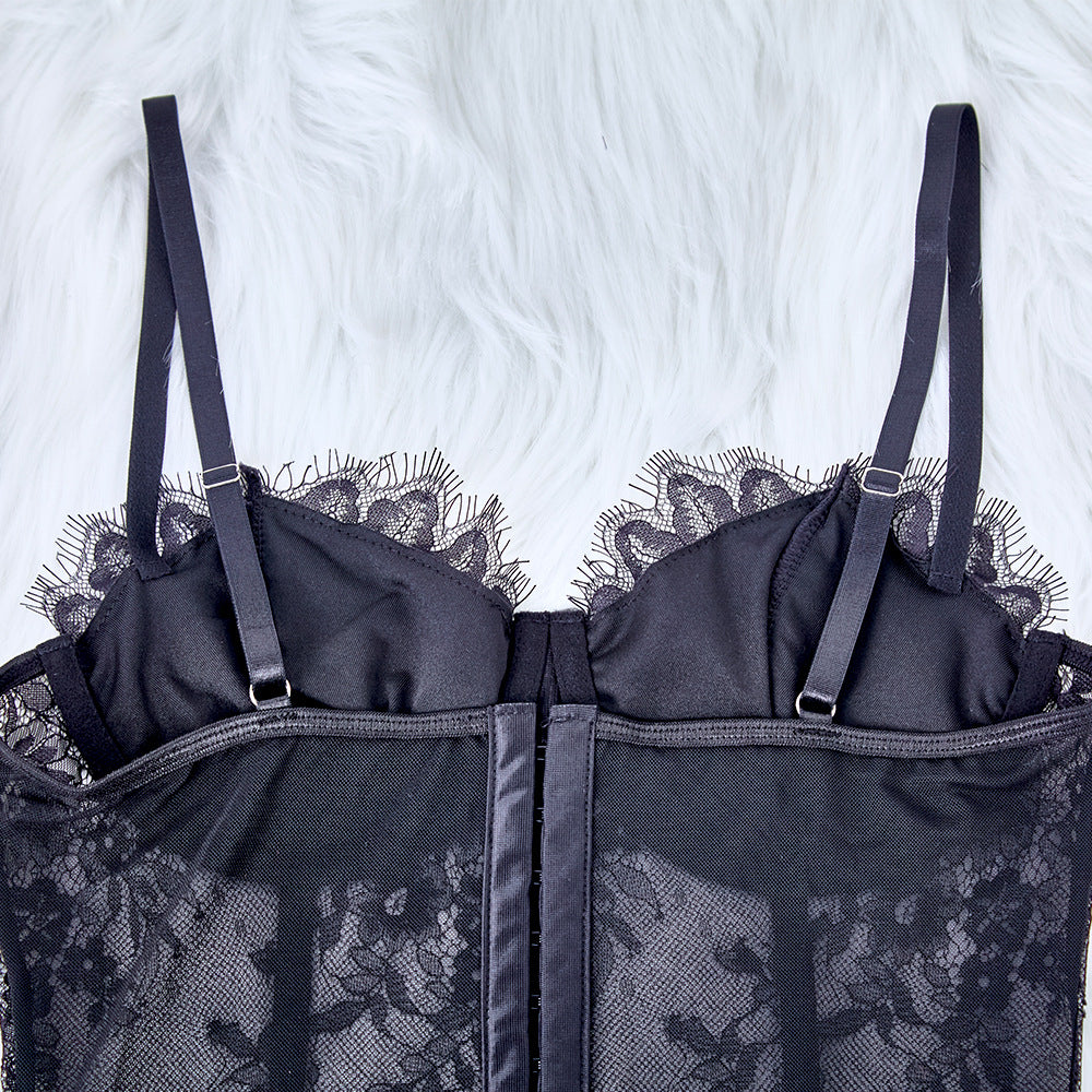 Seductive Sheer Lace Corset Bustier Lingerie with Eyelash Trim