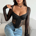 Floral Lace Corset with Sheer Sleeves & Choker Neckline
