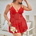 Deep V Lace Bustier & Sheer Mesh Babydoll with Scalloped Hem