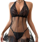 Deep V-Neck Lace Babydoll Nightgown with Open Back Design