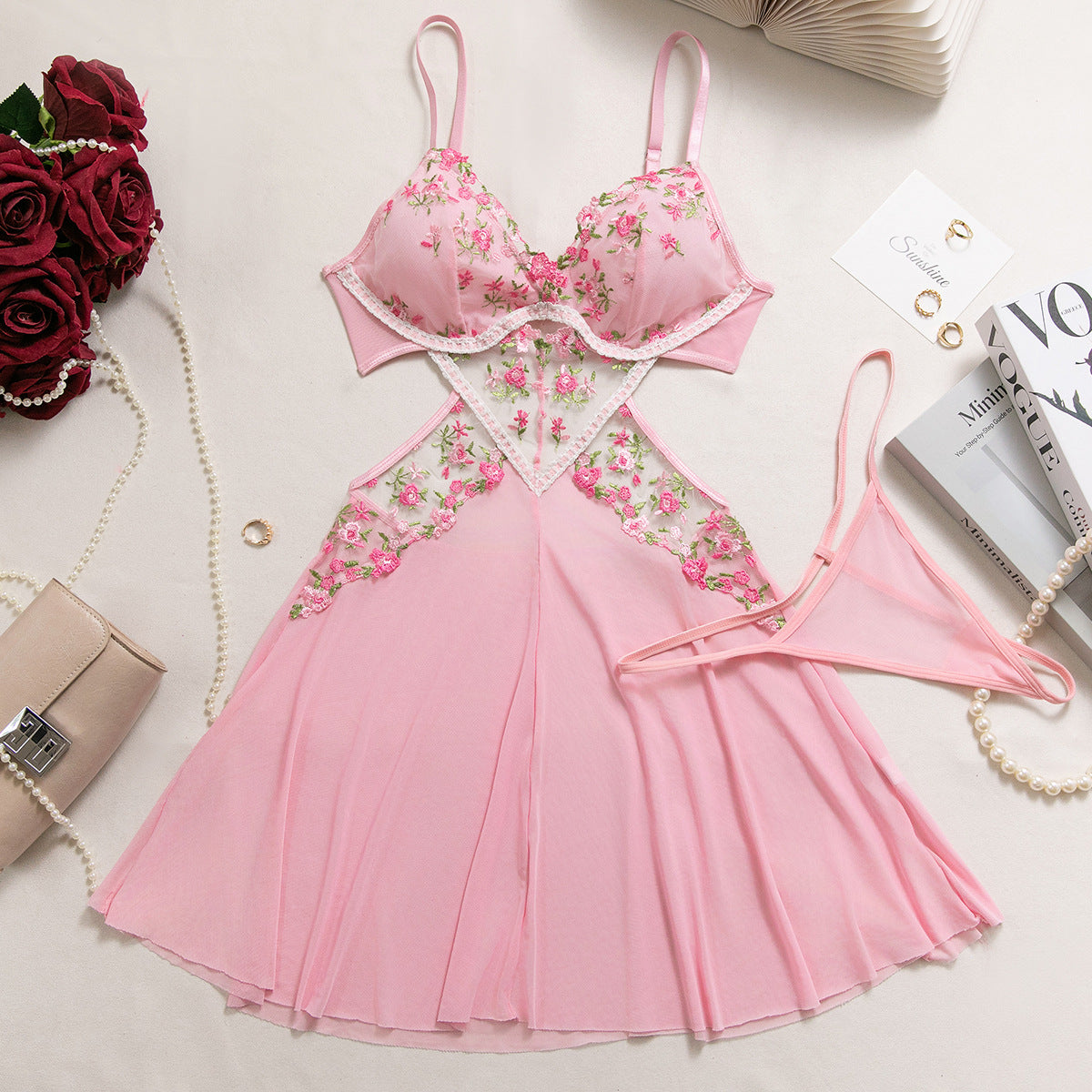 Floral‑Embroidery Mesh Babydoll