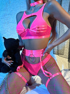 Edgy Punk Harness Lingerie 3-Piece Set with Adjustable Hardware