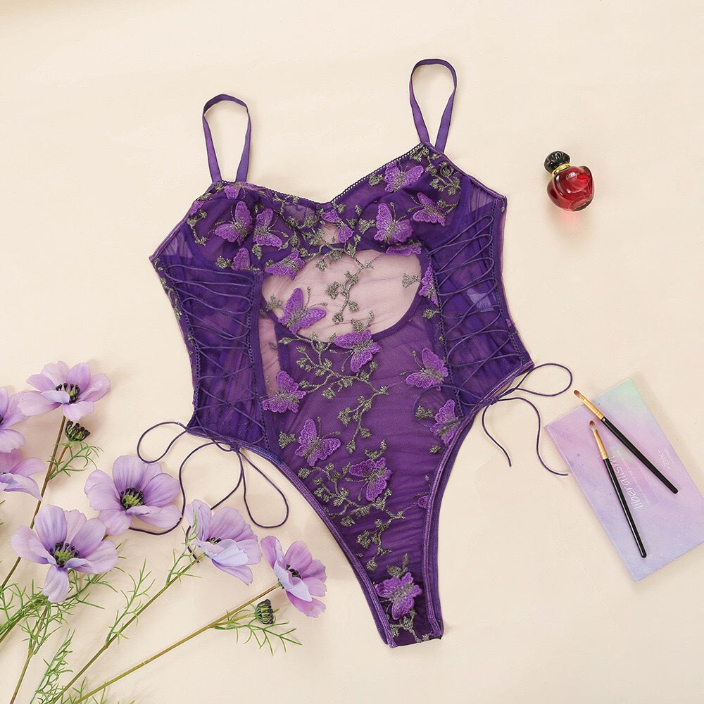 Seductive Floral And Butterfly Mesh Bodysuit with Open Back